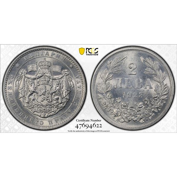 BULGARIA: Boris III, 1918-1943, 2 leva, 1923, PCGS MS65