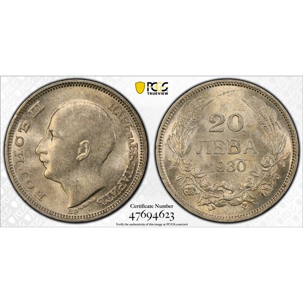 BULGARIA: Boris III, 1918-1943, AR 20 leva, 1930-BP, PCGS MS64