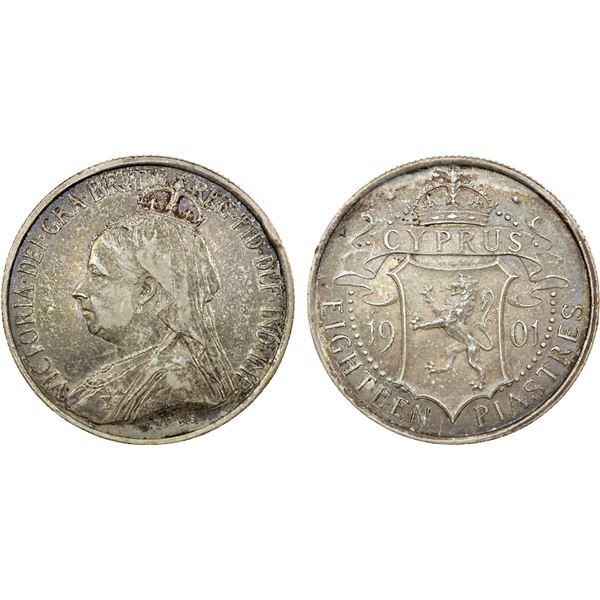 CYPRUS: Victoria, 1837-1901, AR 18 piastres, 1901, VF-EF