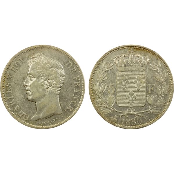 FRANCE: Charles X, 1824-1830, AR 5 francs, 1830-B, EF