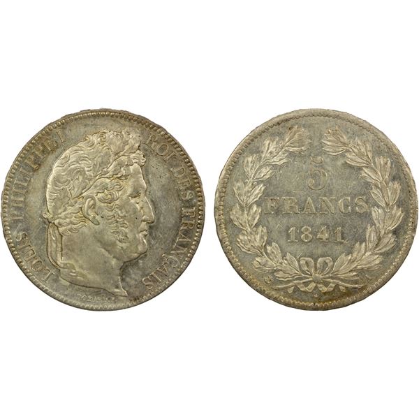 FRANCE: Louis Philippe, 1830-1848, AR 5 francs, 1841-A, EF-AU