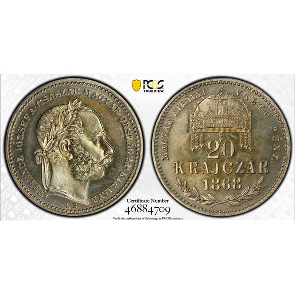 HUNGARY: Franz Joseph I, 1848-1916, AR 20 krajczar, 1868-KB, PCGS Proof 65