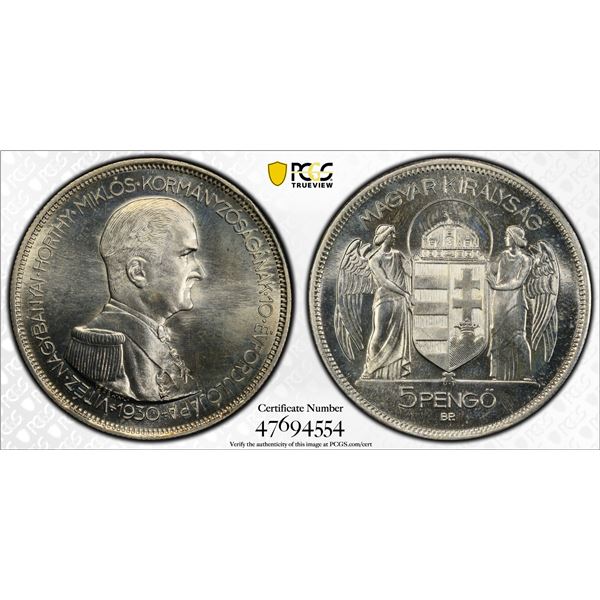 HUNGARY: Miklós Horthy, Regent, 1920-1944, AR 5 pengo, 1930-BP, PCGS Proof 66