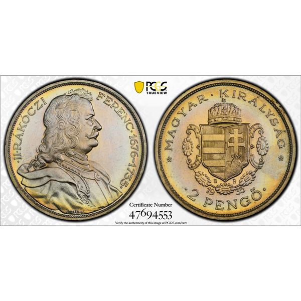 HUNGARY: Miklós Horthy, Regent, 1920-1944, AR 2 pengo, 1935-BP, PCGS Proof 62