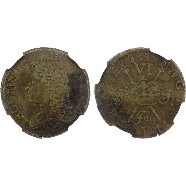 IRELAND: James II, 1685-1691, AE 6 pence, Dublin Mint, 1689, January, NGC AU details