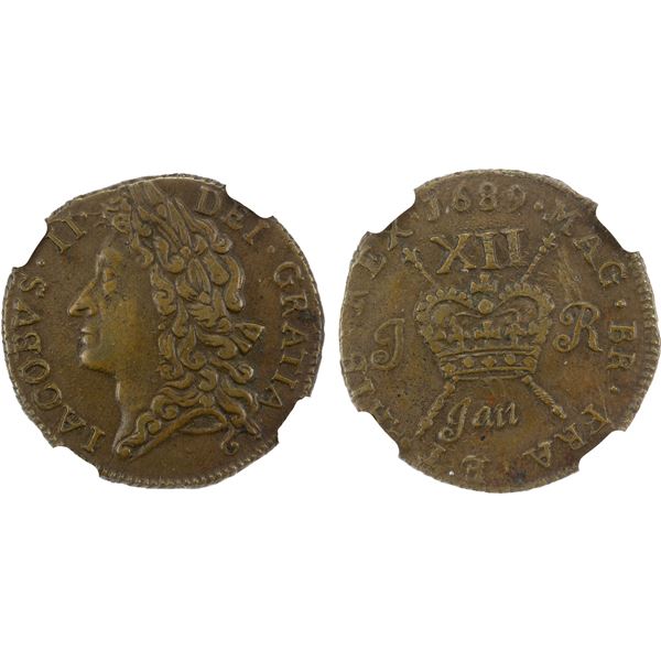 IRELAND: James II, 1685-1691, AE 12 pence (shilling), Dublin Mint, 1689, January, NGC AU details