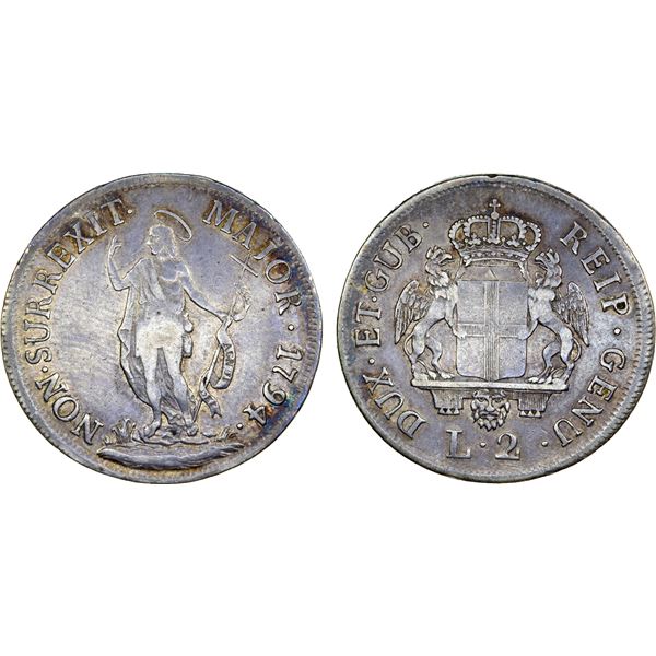 GENOA: Republic, AR 2 lire, 1794, VF
