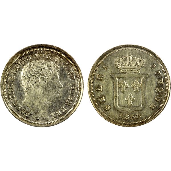 NAPLES & SICILY: Ferdinando II, 1830-1859, AR 5 grana, 1838, Choice AU