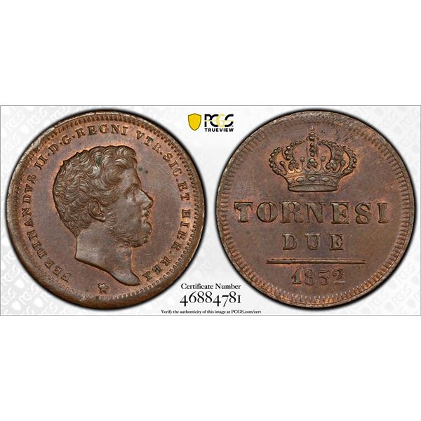 NAPLES & SICILY: Ferdinand II, 1830-1859, AE 2 tornesi, 1852, PCGS MS63 BN