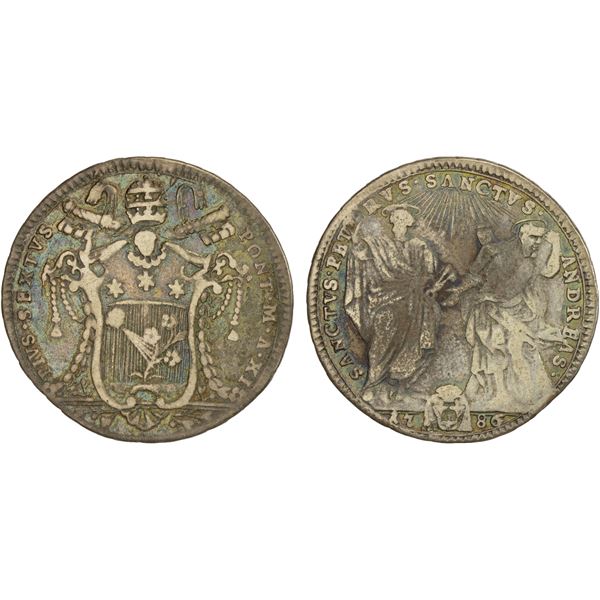 PAPAL STATES: Pius VI, 1775-1799, AR testone (7.60g), Rome, 1786 year XI, VF