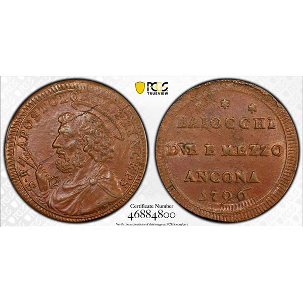 PAPAL STATES: Pius VI, 1775-1799, AE 2½ baiocchi, Ancona, 1796, PCGS MS62 BN