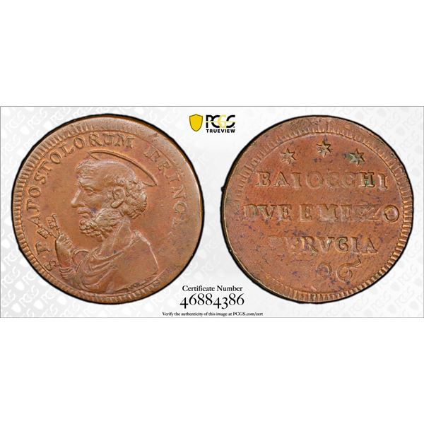 PAPAL STATES: Pius VI, 1775-1799, AE 2½ baiocchi, Perguia, 1796, PCGS MS62 BN