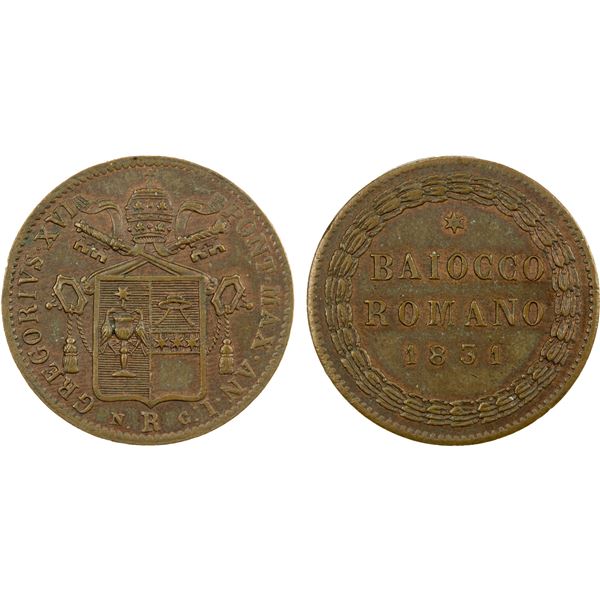 PAPAL STATES: Gregory XVI, 1831-1846, AE baiocco, Rome, 1831-I-R, choice AU