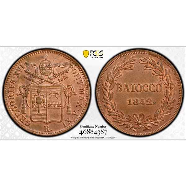 PAPAL STATES: Gregory XVI, 1831-1846, AE baiocco, 1842-R year XI, PCGS MS63 RB
