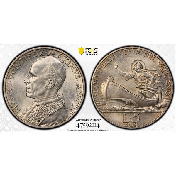 PAPAL/VATICAN: Pius XII, 1939-1958, AR 5 lire, 1939 year I, PCGS MS65