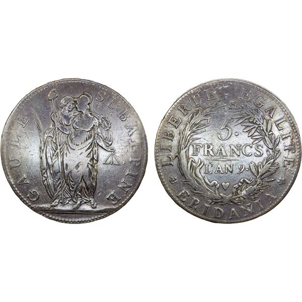 PIEDMONT REPUBLIC: AR 5 francs, L'An 9 (1801), F-VF