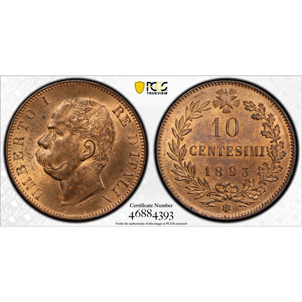 ITALY: Umberto I, 1878-1900, AE 10 centesimi, 1893-BI, PCGS MS64 RB