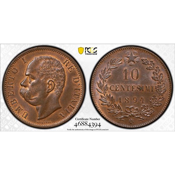 ITALY: Umberto I, 1878-1900, AE 10 centesimi, 1894-BI, PCGS MS63 BN
