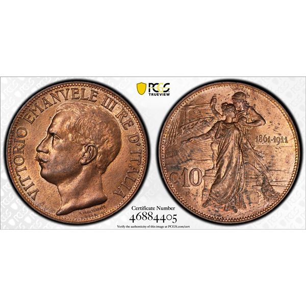 ITALY: Vittorio Emanuel III, 1900-1946, AE 10 centesimi, 1911-R, PCGS MS64 RB