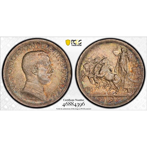ITALY: Vittorio Emanuel III, 1900-1946, AR 2 lire, 1915-R, PCGS MS62