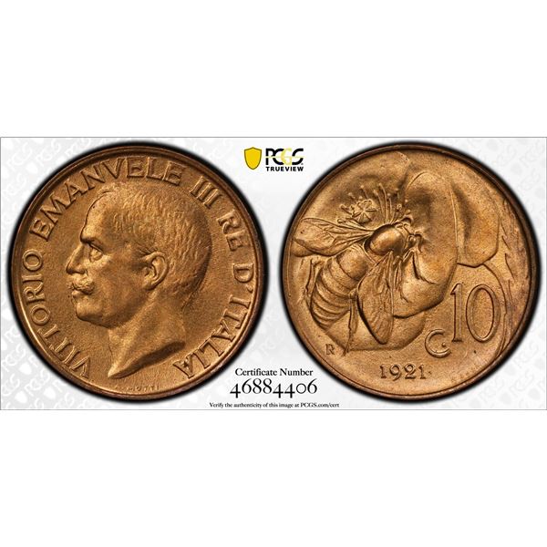 ITALY: Vittorio Emanuel III, 1900-1946, AE 10 centesimi, 1921-R, PCGS MS65 RD
