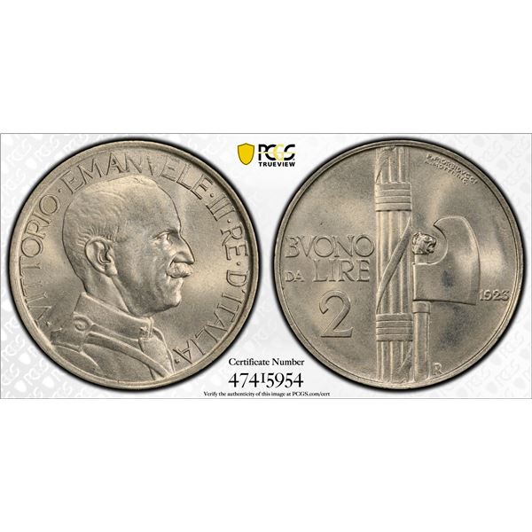 ITALY: Vittorio Emanuel III, 1900-1946, 2 lire, 1923-R, PCGS MS64