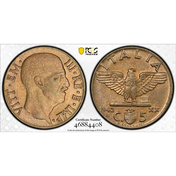 ITALY: Vittorio Emanuel III, 1900-1946, 5 centesimi, 1943-R, PCGS MS64