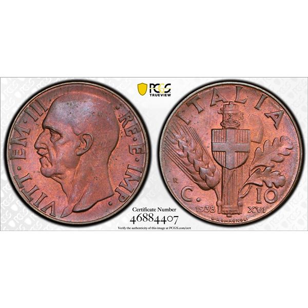 ITALY: Vittorio Emanuel III, 1900-1946, AE 10 centesimi, 1938-R, PCGS MS65 RB