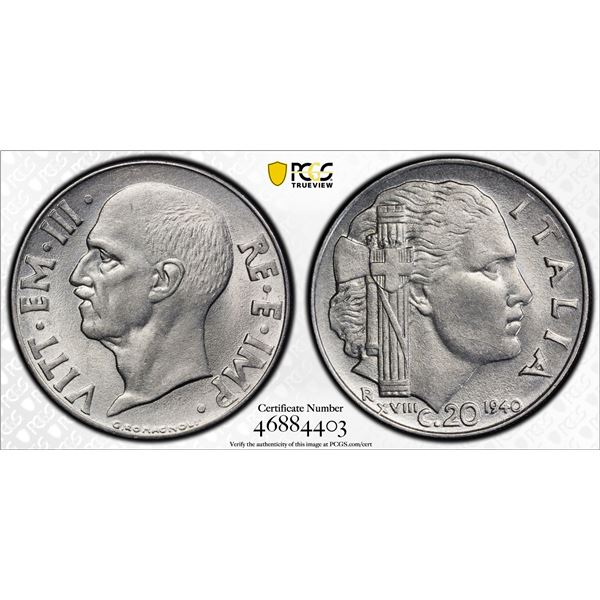 ITALY: Vittorio Emanuel III, 1900-1946, 20 centesimi, 1940-R, PCGS MS65