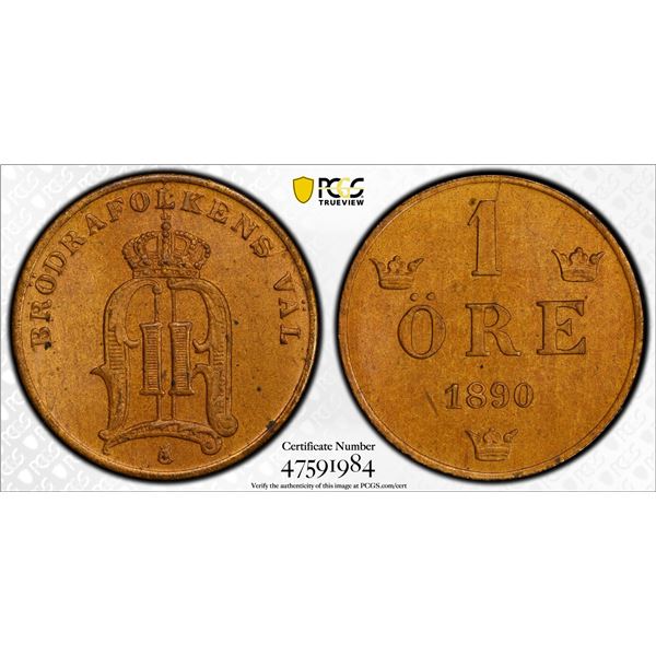 SWEDEN: Oscar II, 1872-1907, AE ore, 1890, PCGS MS65 BN