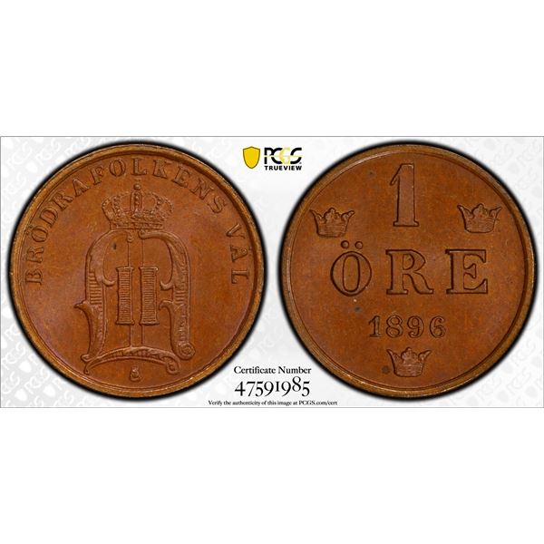 SWEDEN: Oscar II, 1872-1907, AE ore, 1896, PCGS MS65 BN