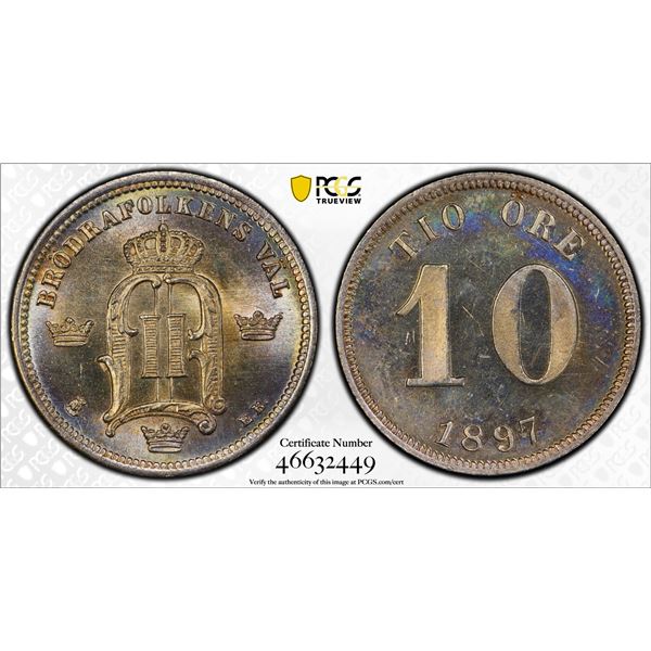 SWEDEN: Oscar II, 1872-1907, AR 10 ore, 1897, PCGS MS65
