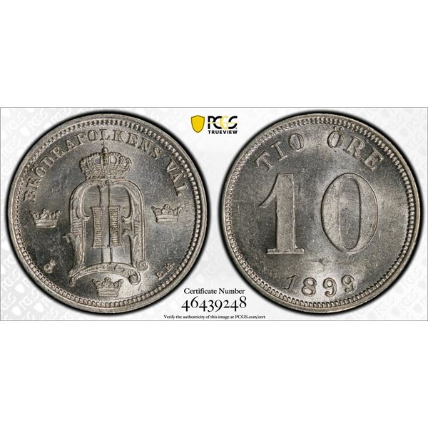 SWEDEN: Oscar II, 1872-1907, AR 10 ore, 1899, PCGS MS63