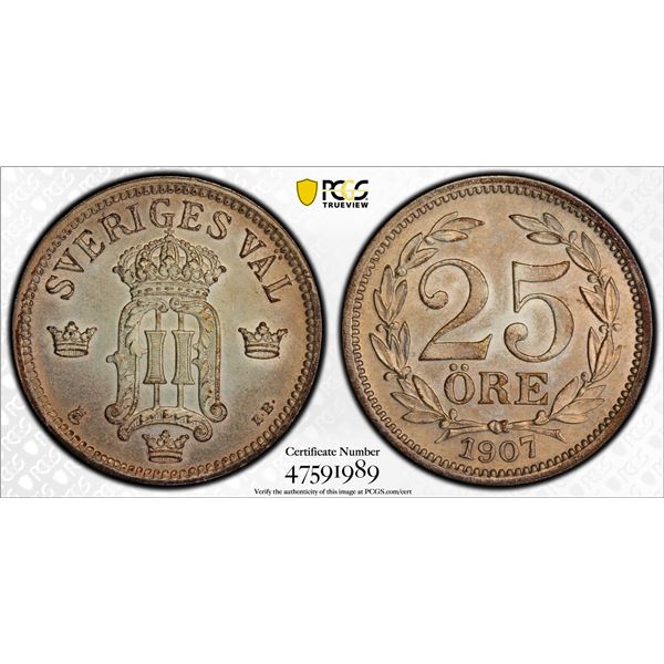 SWEDEN: Oscar II, 1872-1907, AR 25 ore, 1907-EB, PCGS UNC Details
