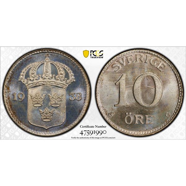 SWEDEN: Gustaf V, 1907-1950, AR 10 ore, 1938 G, PCGS MS66