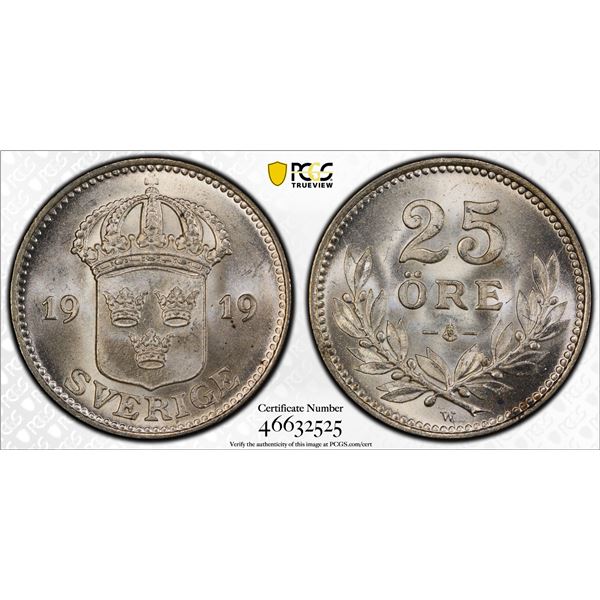 SWEDEN: Gustaf V, 1907-1950, AR 25 ore, 1919, PCGS MS66