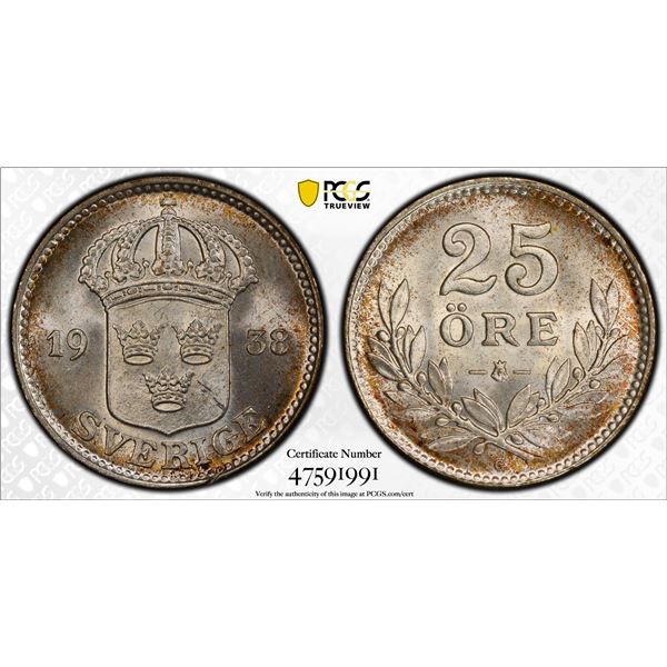 SWEDEN: Gustaf V, 1907-1950, AR 25 ore, 1938 G, PCGS MS66