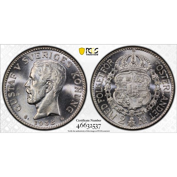 SWEDEN: Gustaf V, 1907-1950, AR 2 kronor, 1938, PCGS MS64