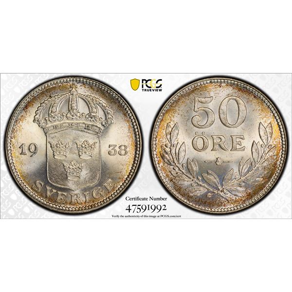 SWEDEN: Gustaf V, 1907-1950, AR 50 ore, 1938 G, PCGS MS66