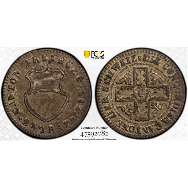FREIBURG: Swiss Republic, BI 2 ½ rappen, 1827, PCGS MS62