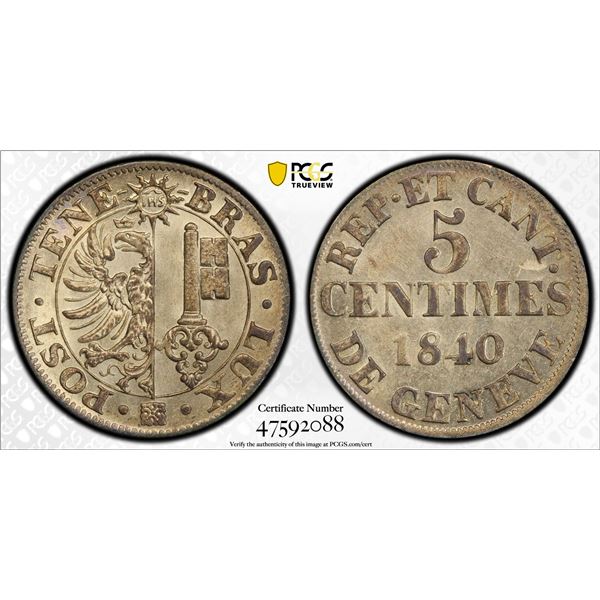 GENEVA: Republic, 1815-1848, BI 5 centimes, 1840, PCGS UNC Details