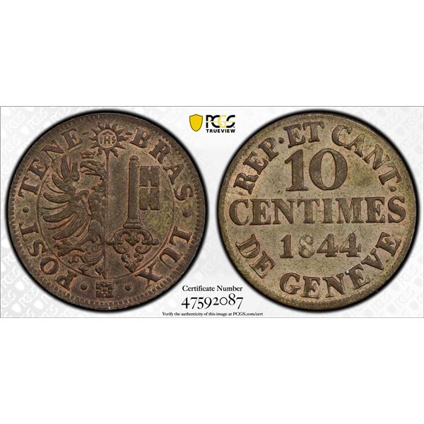 GENEVA: Republic, 1815-1848, BI 10 centimes, 1844, PCGS MS63