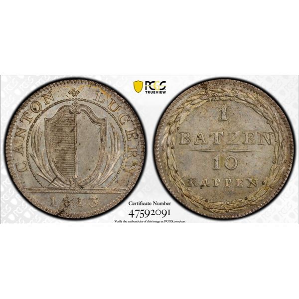 LUZERN: Republic, BI batzen, 1813, PCGS UNC Details