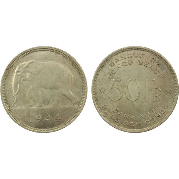 BELGIAN CONGO: Belgian Colony, AR 50 francs, 1944, EF