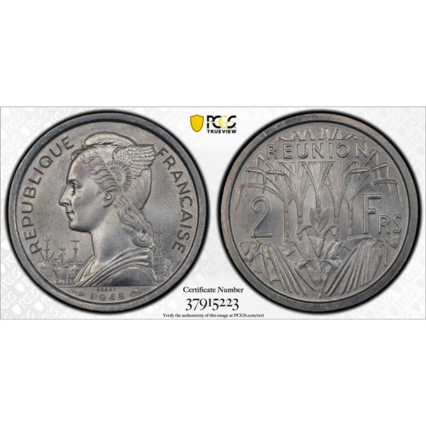 RÉUNION: French Overseas Territory, 2 francs, 1948, PCGS Specimen 65