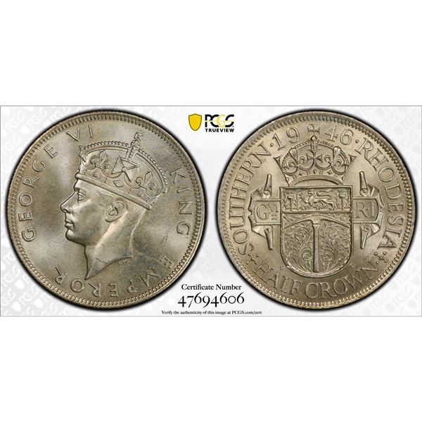 SOUTHERN RHODESIA: George VI, 1936-1952, AR 1/2 crown, 1946, PCGS MS66