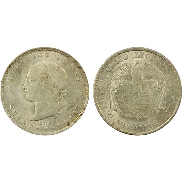 COLOMBIA: AR 5 decimos, Medellin, 1884, Choice AU