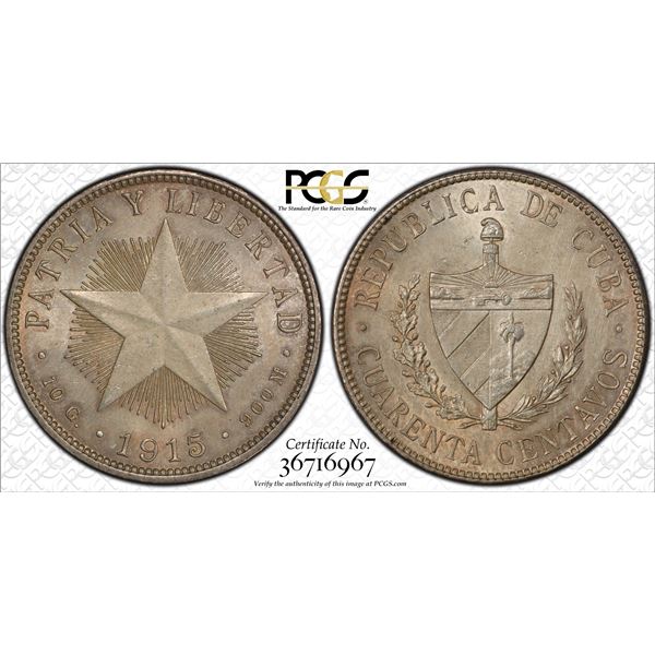 CUBA: AR 40 centavos, Philadelphia mint, 1915, PCGS UNC Details