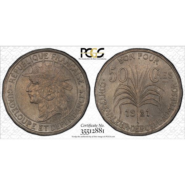 GUADELOUPE: French Colony, 50 centimes, 1921, PCGS MS63