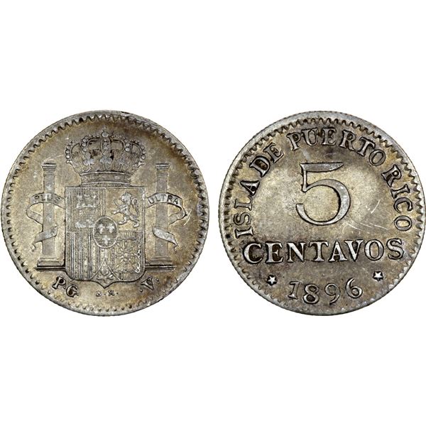 PUERTO RICO: Alfonso XIII, 1886-1898, AR 5 centavos, 1896, Choice VF